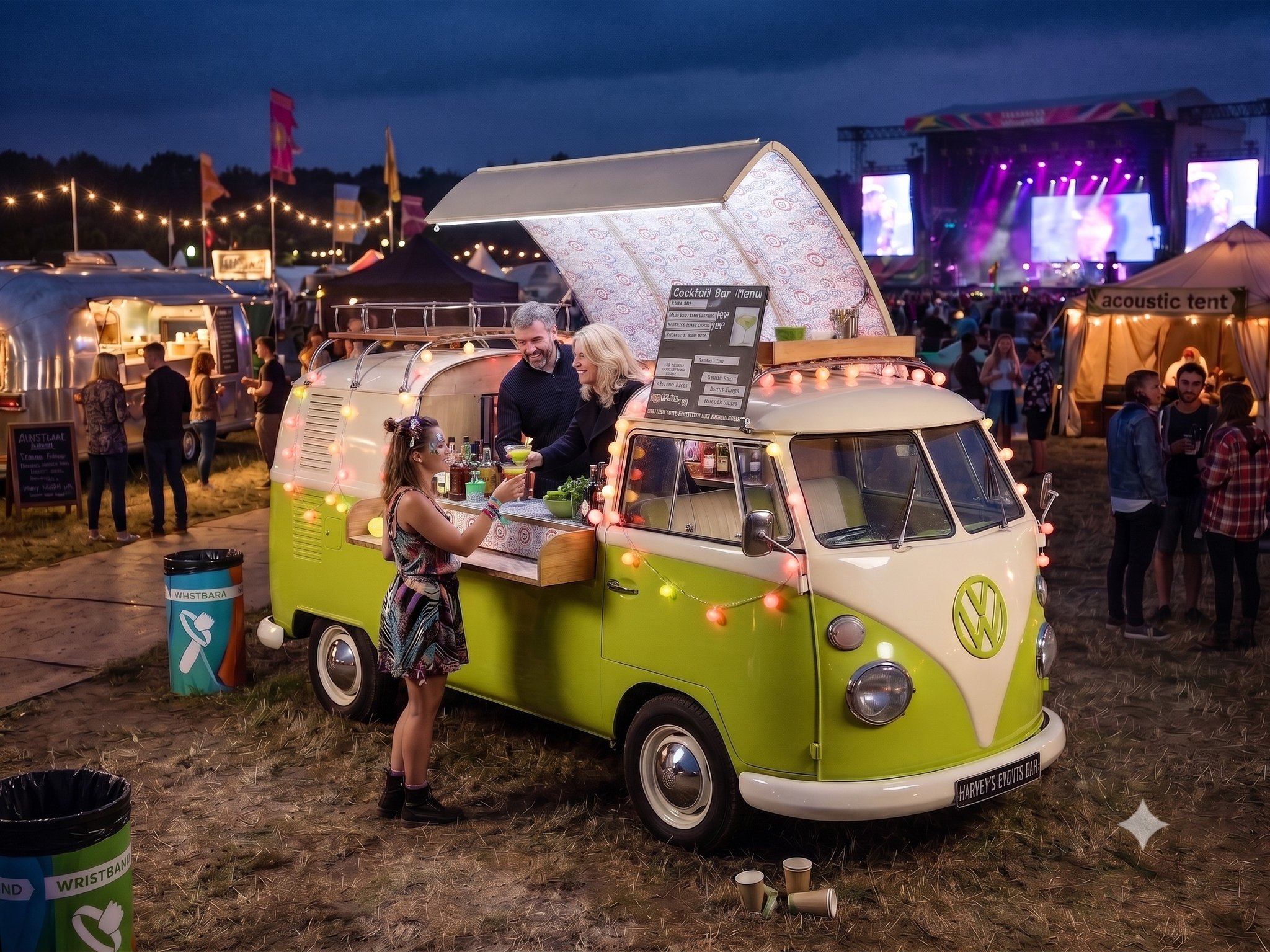 Harvey the lime green VW camper bar lit up at a festival at dusk